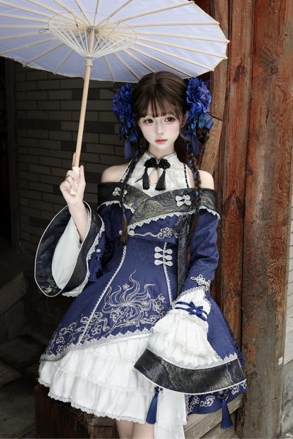 [Reservierungsschluss am 9. Oktober] Dunkelblau-weißes Gothic-Chinese-Lolita-Kleid mit Stickerei eines neunschwänzigen Fuchses + schulterfreie Jacke mit Glockenärmeln im Set