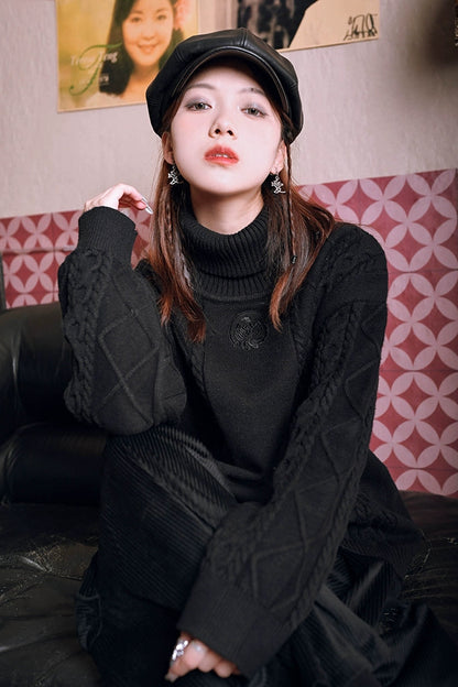 Golden Crow Black Turtleneck Top