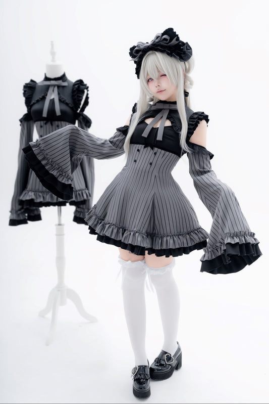 【10月1日予約締切】Black x Gray Stripe High and Low Cutout Hole Design Cold Shoulder Flare Sleeve Frill Ribbon Dress