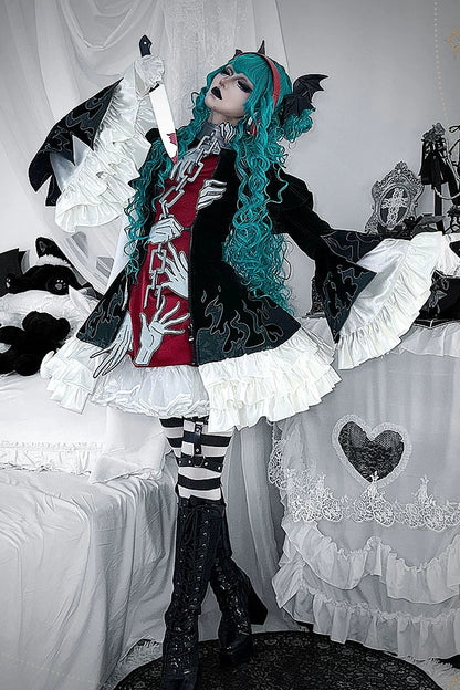 [Pre-order] Dark Green x Red Gothic Prince Velvet Flame 3D Chain Detail Ruffle Lolita Dress