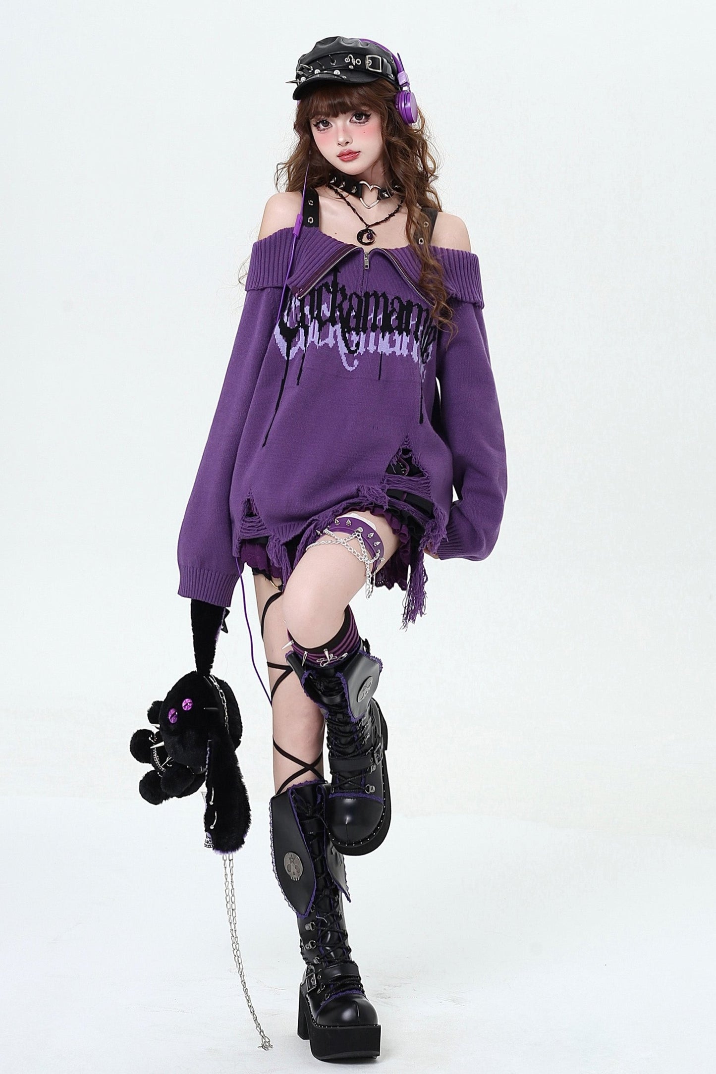 Sub-Black Purple Off-Shoulder Sweater