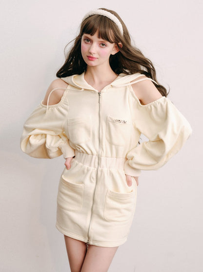 Cream Casual Sporty Hooded Dress