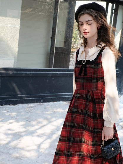 French Check Suspender Skirt + Pure White Blouse