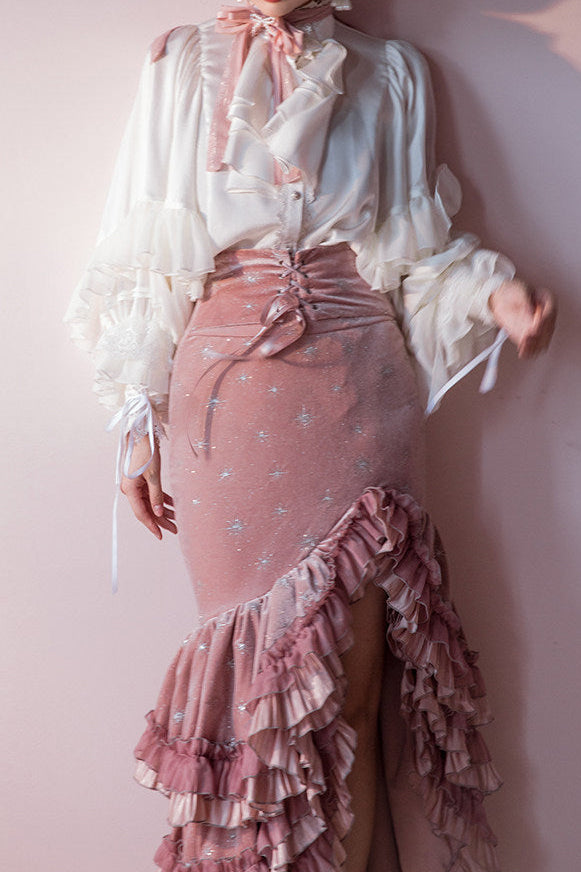 [Reservierungsschluss 1. Juni] Dunkelblau/rosa Atlantis Dark-Fantasy-Lolita-Sternenperlen-Bustierkorsett + prächtiger Rüschen-Meerjungfrauenrock