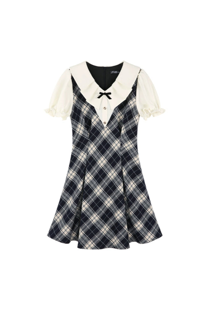 College Style Check Puff Sleeve Dress