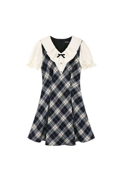 College Style Check Puff Sleeve Dress