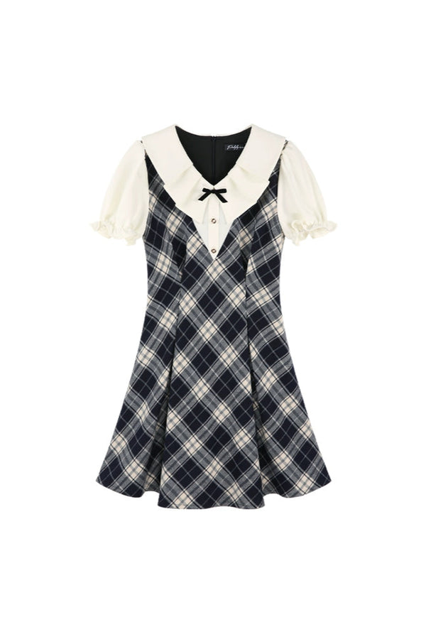 College Style Check Puff Sleeve Dress