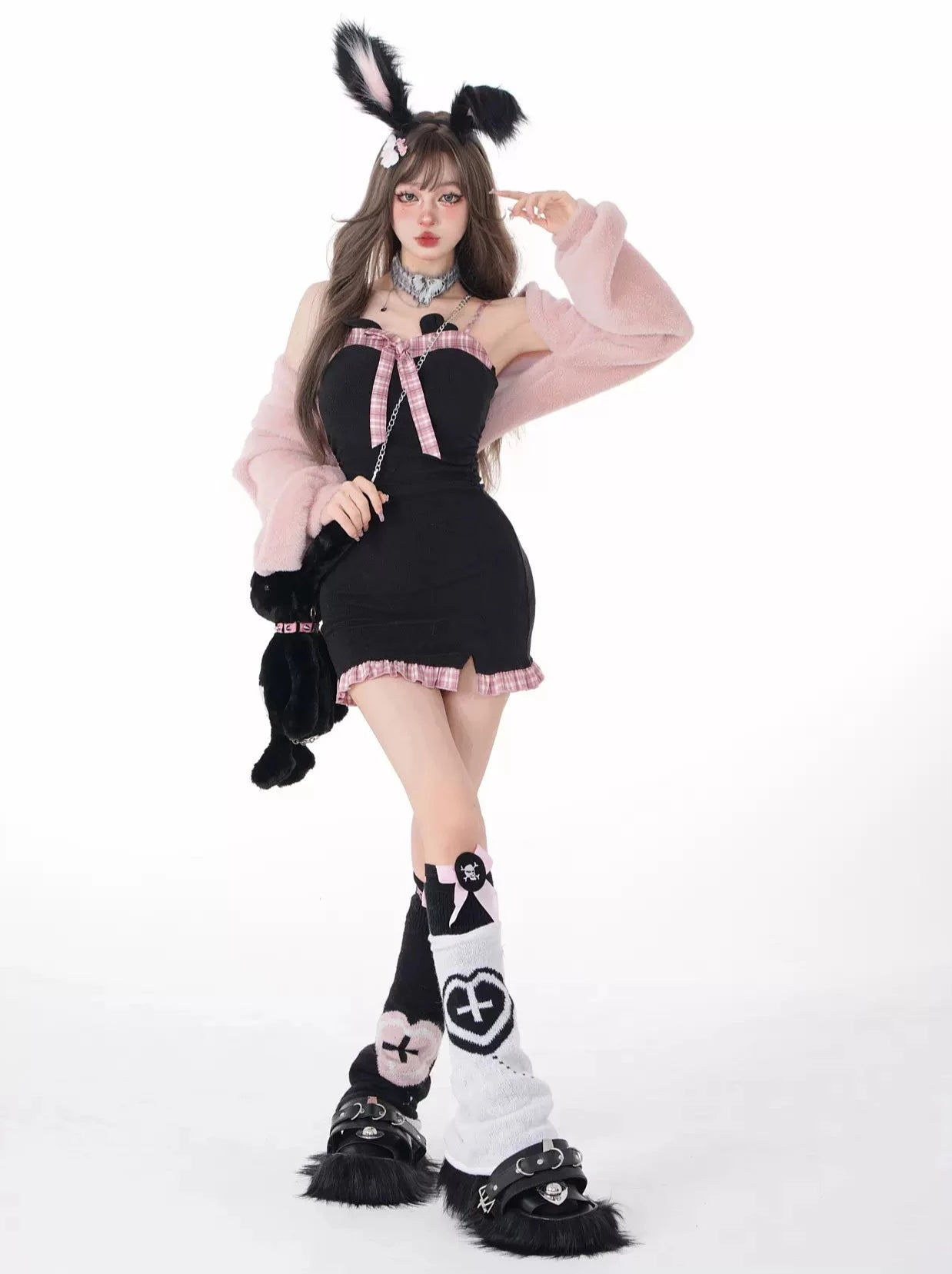 Bear Design Cute Check Bow Suspender Dress