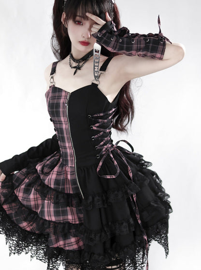 クールブラックピンクアシメカラーチェックステージサスドレス