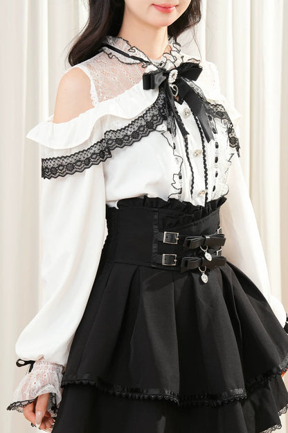 レースリボンオフショルダートップス+スカート