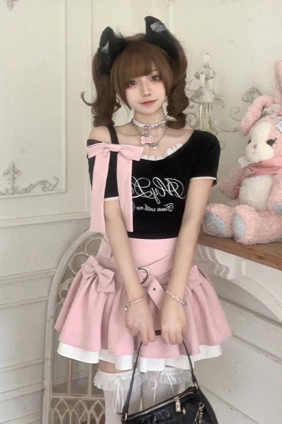 [Reservation product] Love Prelude Sweet Ribbon And Cross Top + Skirt