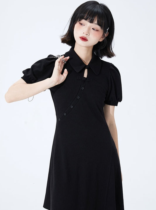 Black Puff Sleeve Cheongsam Dress