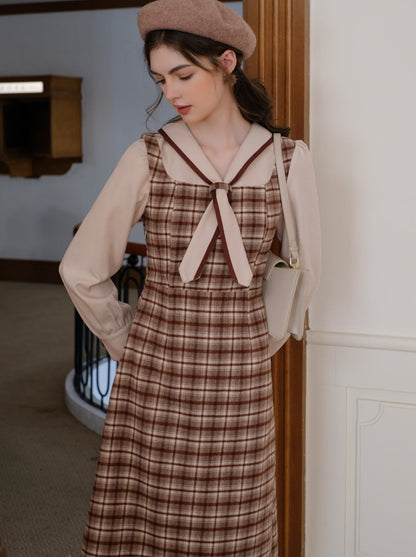 Queen Maillard French Retro Faux Retro Faux Two Piece Wool Check Dress