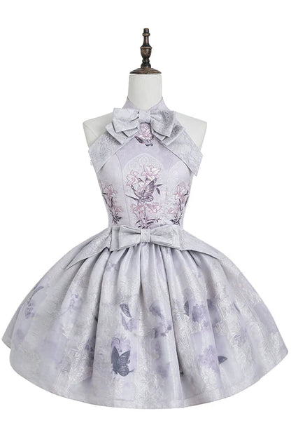 [Scadenza prenotazioni 98] Abito Lolita stile cinese con scollo all'americana, fiocco e ricamo giglio effetto vetrata, nero x viola / bianco x viola