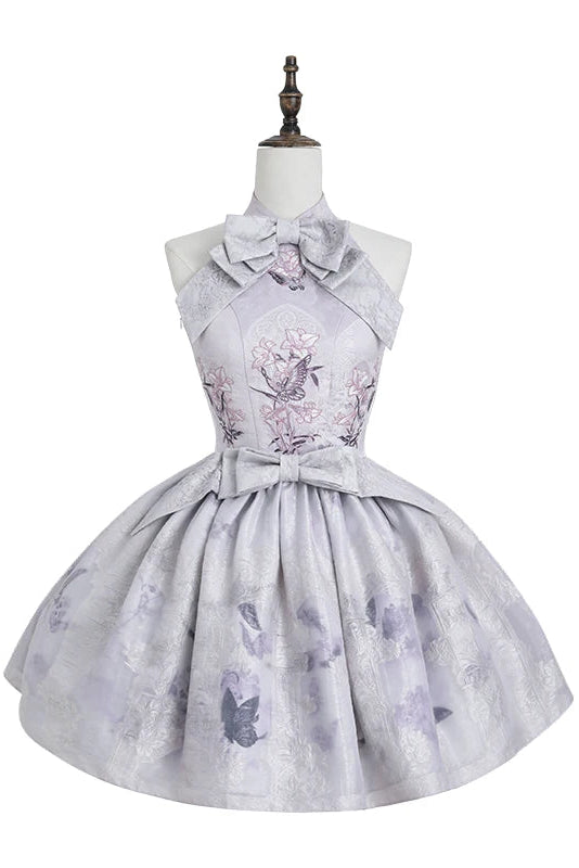 【9月8日予約締切】Black x Purple / White x Purple Lily Embroidery Stained Glass China Lolita Bow Halter Dress