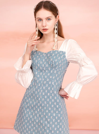 Flower Design Sequined Denim Dress