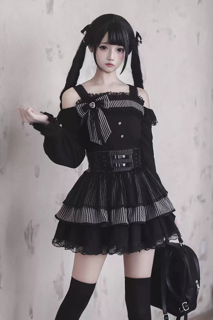 【12月6日予約締切】ブラックアンドストライプロングスリーブサストップス＋リボンケーキスカート＋チョーカー