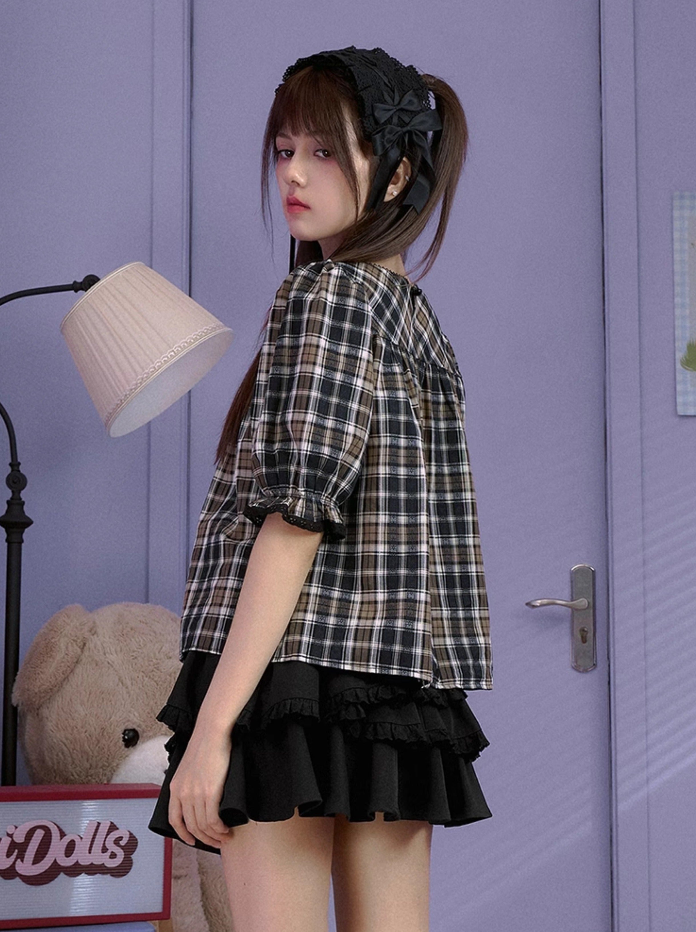 ダークチェックレトロリボントップス – Belchic