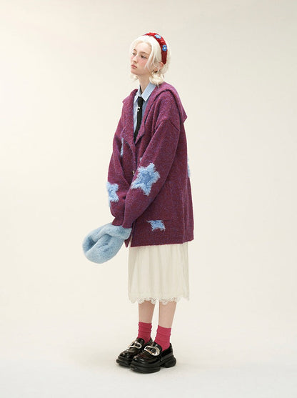 Dark Color Fur Star Design Loose Knit Cardigan