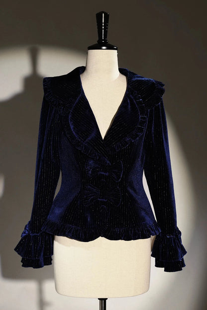 [Reservation Deadline: November 6] Navy Blue/Brown Classic Italian Travel Diary Lolita Silver Thread Velvet Stripe Ribbon Frill Jacket