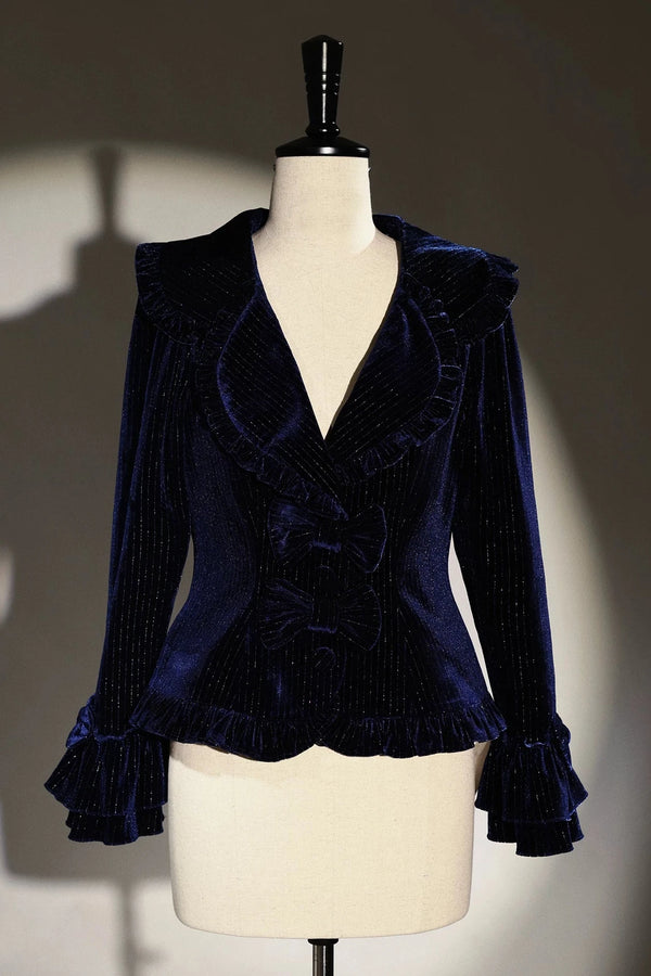 [Reservation Deadline: November 6] Navy Blue/Brown Classic Italian Travel Diary Lolita Silver Thread Velvet Stripe Ribbon Frill Jacket