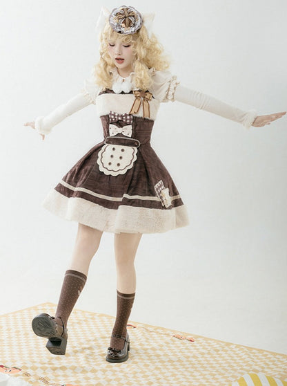 Biscuit print jumper skirt + ribbon + mini -pen + leg warmer [Reservation product]