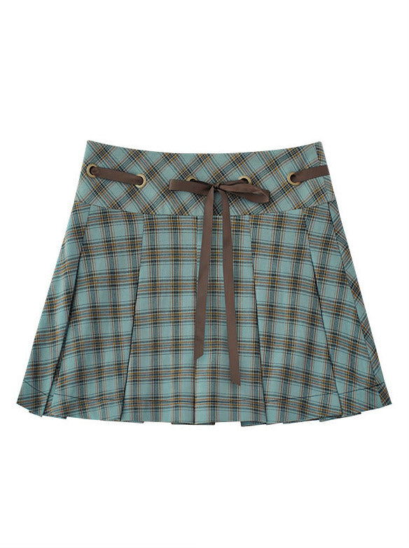 Brown Green Check Pleated Skirt