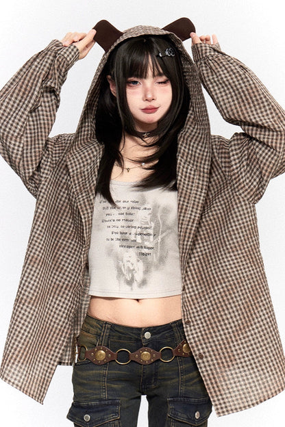 クールベアイヤーフードチェックシャツ