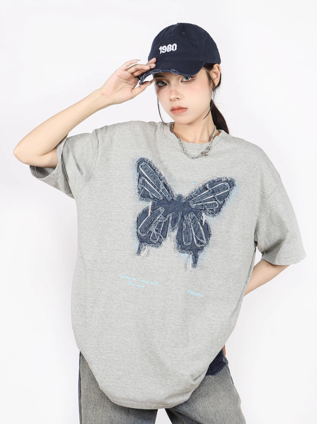 American Retro Butterfly Ergain Broy Dary Over -size T -shirt