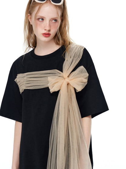 Long Sheer Bow Loose T-shirt