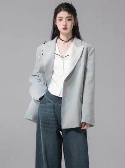 Contrast Green Field Pearl Lapel Collar Jacket