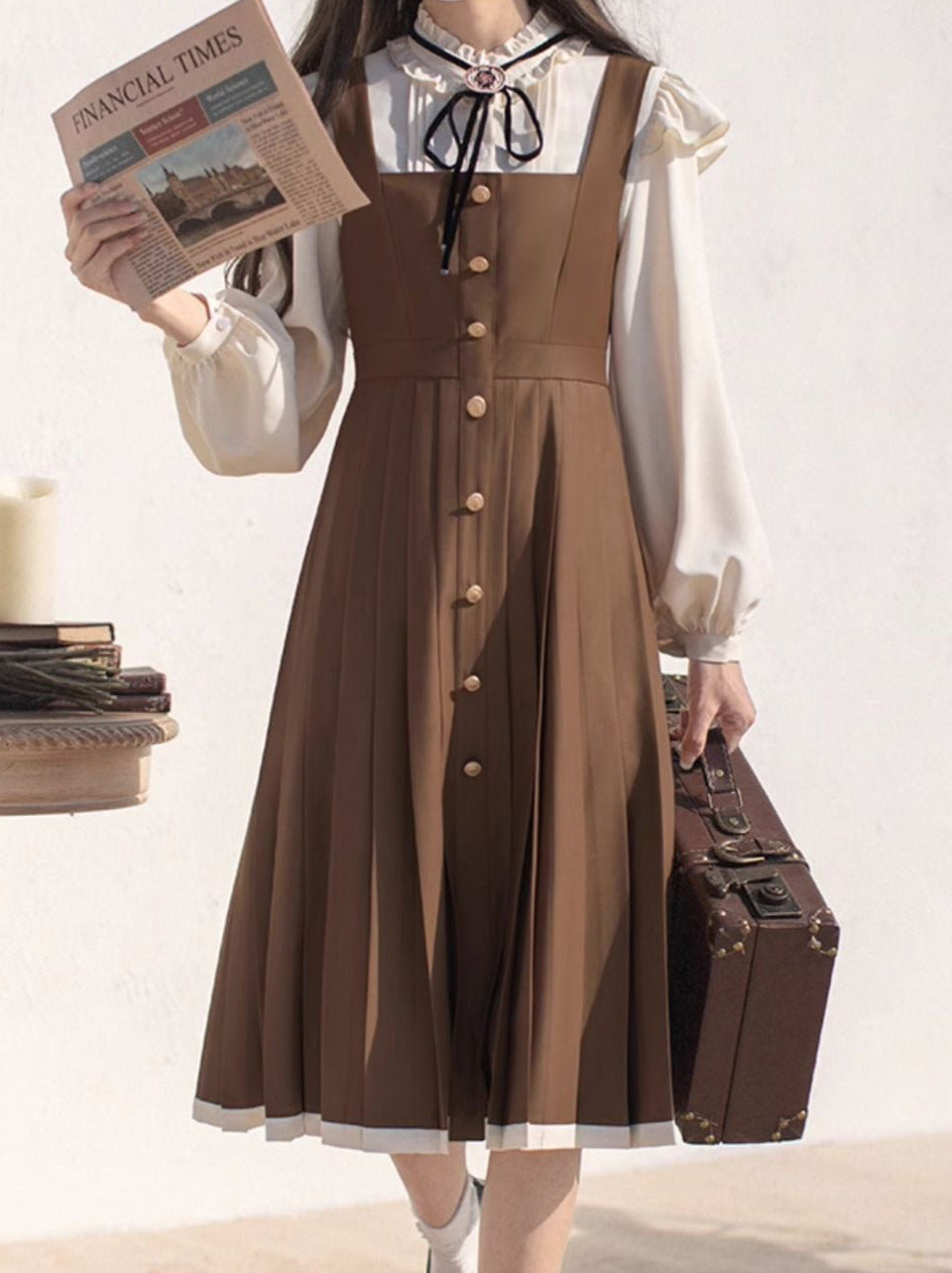 College retro stand collar ruffle shirt + pleated suspender dress + ribbon accessories