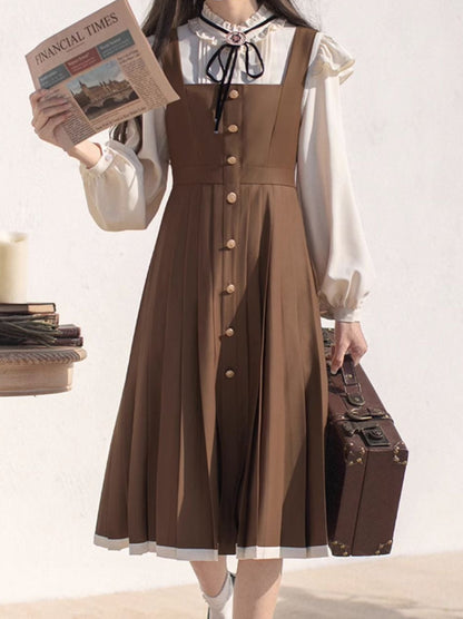 College retro stand collar ruffle shirt + pleated suspender dress + ribbon accessories