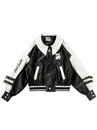 A Line Puppy Faux Leather Casual Embroidered Motorcycle Jacket