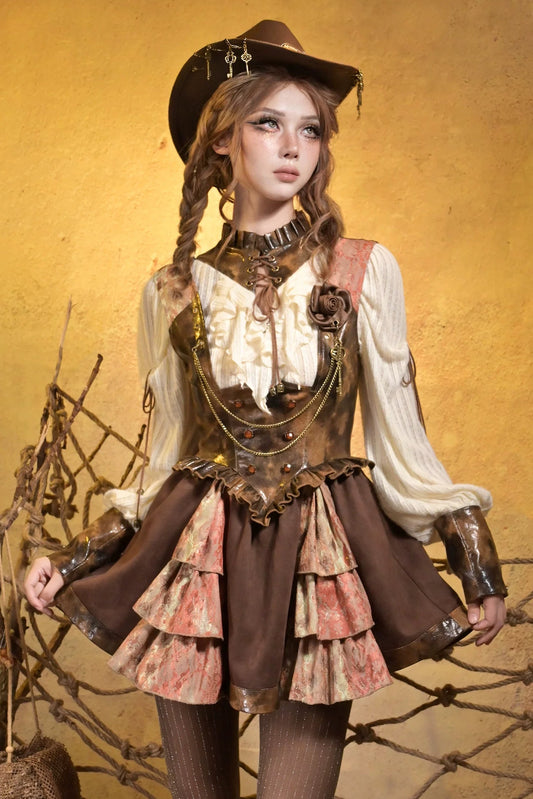 Steampunk Lace Patchwork Dress + Brooch
