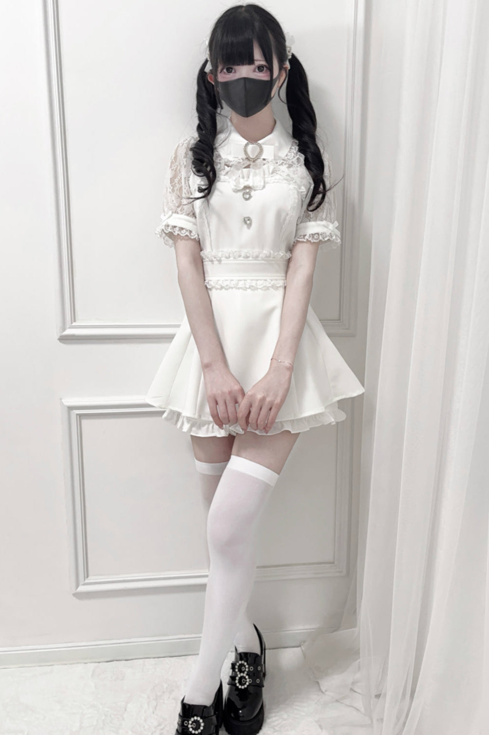 レースショールリボンシャツカラートップス＋ショートパンツ