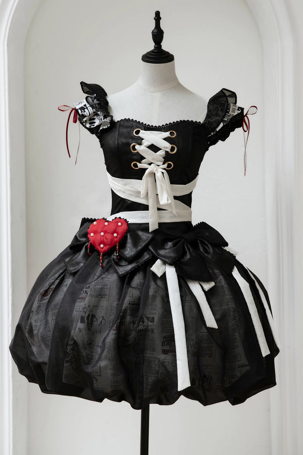 【9月3日予約締切】Gothic Fantasy Red Heart Black Balloon Corset Lolita Ribbon Dress + Ribbon Choker with Playing Card and Bead Motif