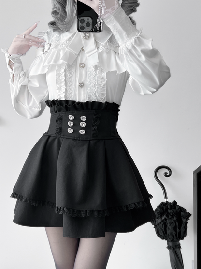 [Deadline for reservations: October 15] Open Shoulder Heart Leather Strap Ruffle Ribbon Shirt