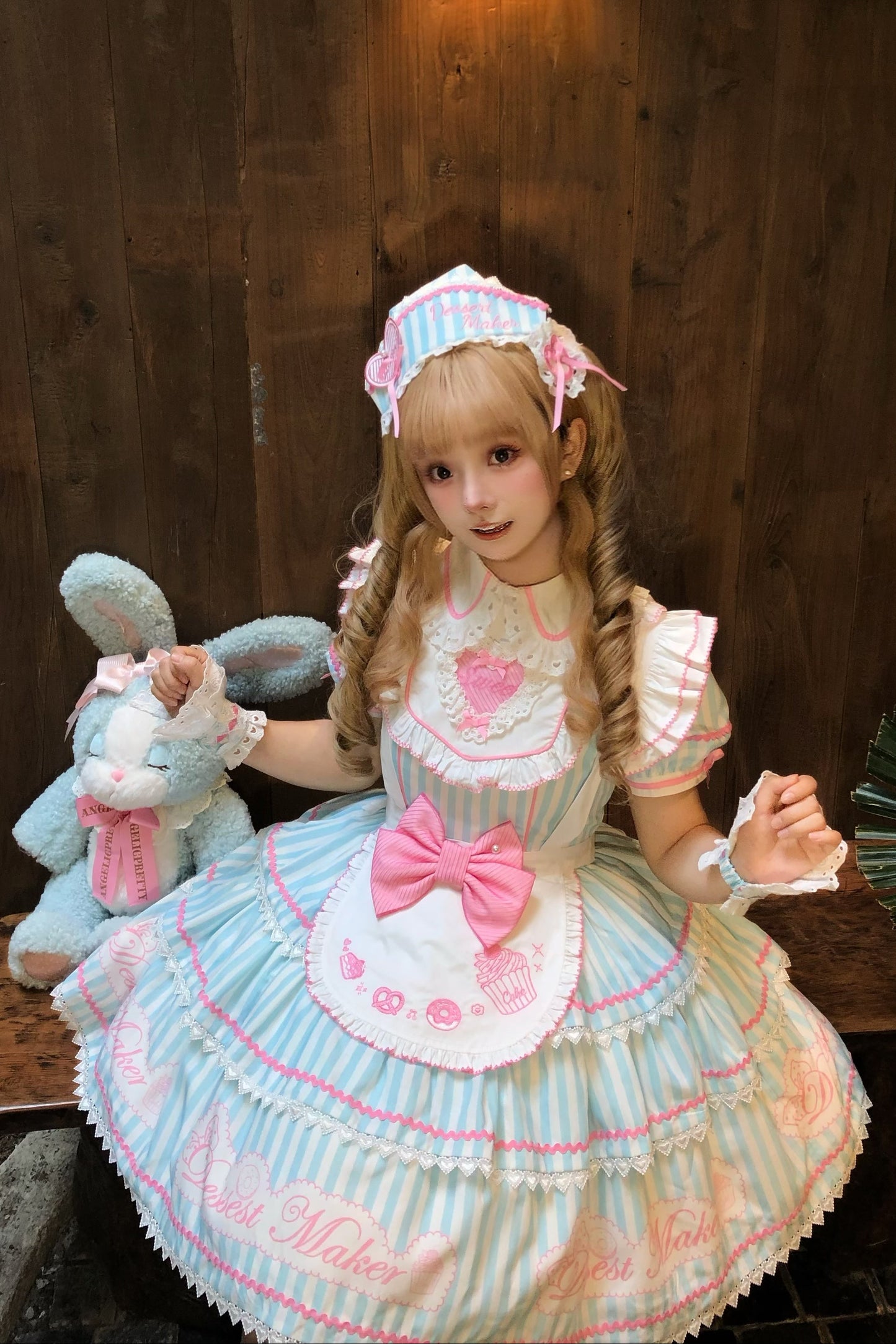 【6月18日予約締切】ピンク/ ブルー/ブラックスイートメイドロリータキャンディストライプティアードドレス＋ドレスセット1/2/3