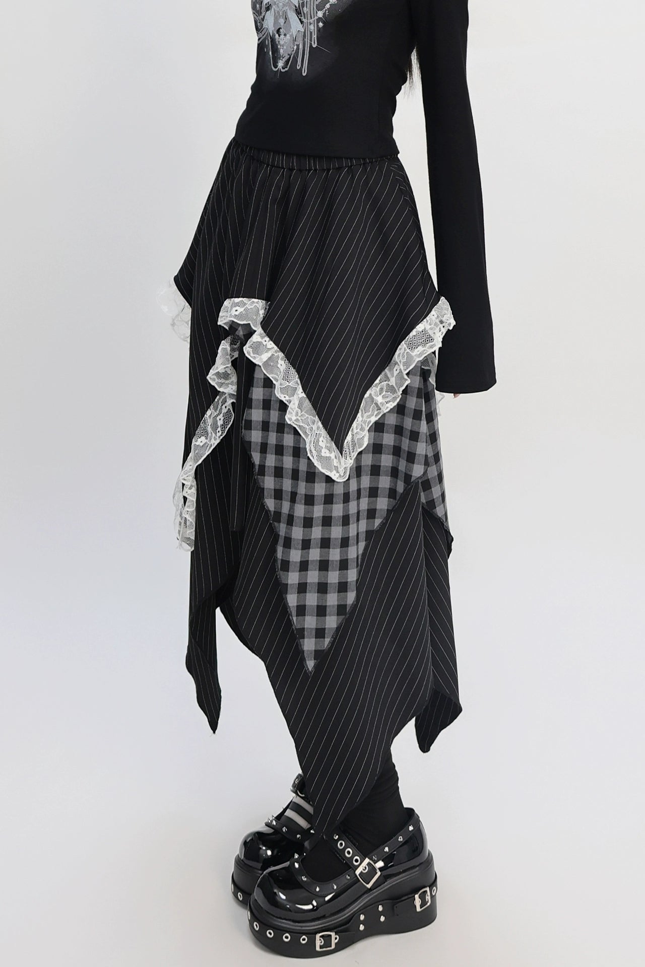 パッチワークアシメストライプチェックレーススカート