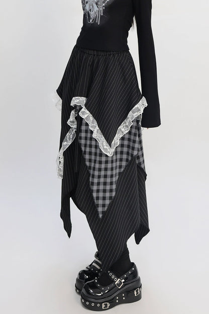 パッチワークアシメストライプチェックレーススカート