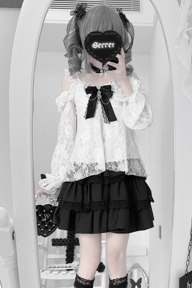 地雷インナーシャツレースリボンノースリーブシャツ+ケーキスカート