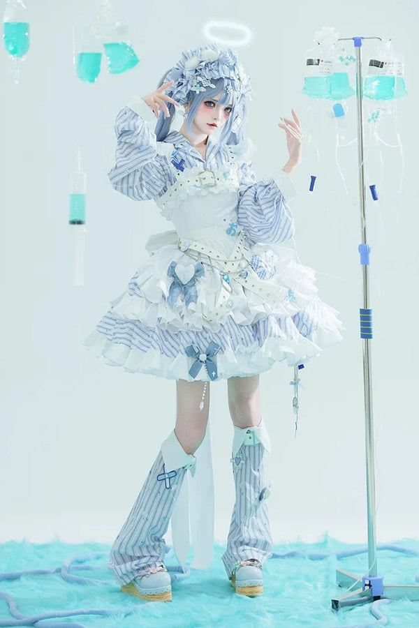 【11月5日予約締切】Blue White Striped Medical Lolita Nurse Sickly Kawaii Dress Suit Full Set (Shirt + Skirt + Apron + Back Ribbon + Leg Covers)