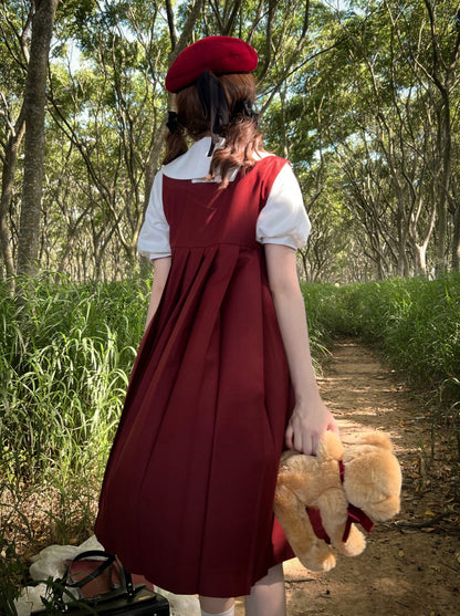 Red burgundy suspender dress + tie + emblem badge