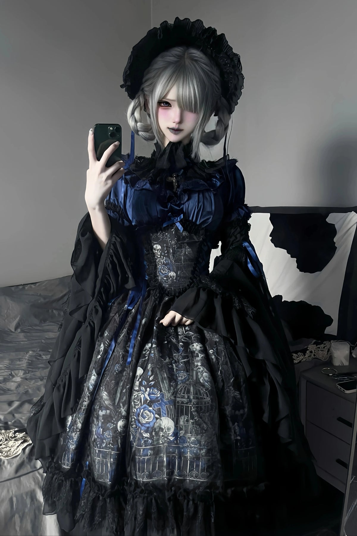 【11月25日予約締切】Gothic Lolita Frill Lace Puff Sleeve Satin Shirt + Skeleton Lace Layered Corset Skirt + Detachable Bell Sleeves + Bonnet Set