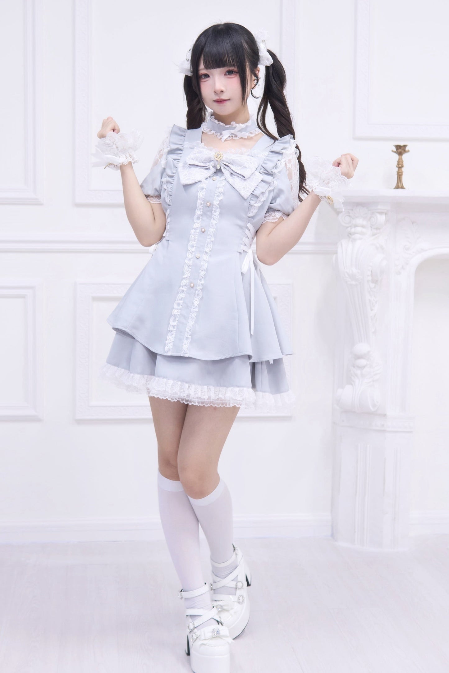 Mine striped lace puff sleeve top + short skirt