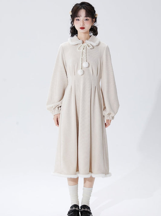 Beige Corduroy Waist Mark Long Coat