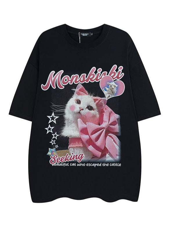 Loosen American Retro Cat Rip Lint T -shirt