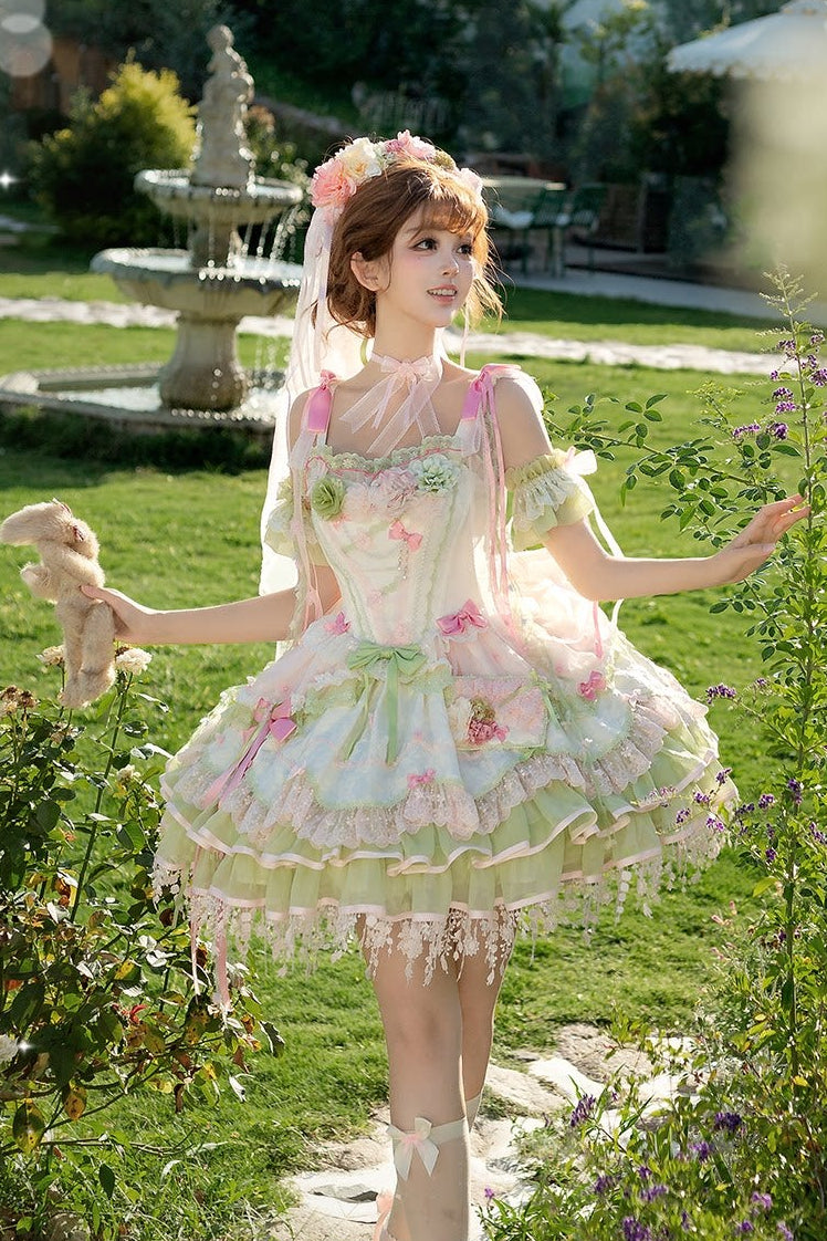 [Clôture des réservations le 10/8] Robe lolita corset à volants en dentelle florale rose x vert doux + ensemble complet (coiffe couronne florale avec voile + manches amovibles)