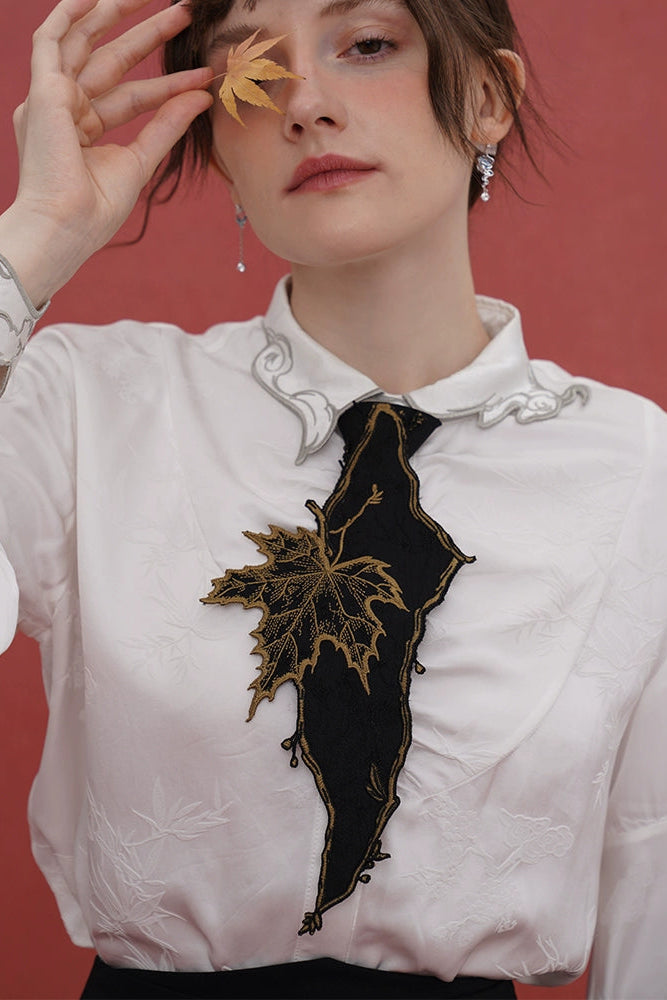 Kamo Original Retro Chinese Style Embroidered Shirt Tie Women's Decoration Casual Super Beautiful Autumn Maple Leaf Niche